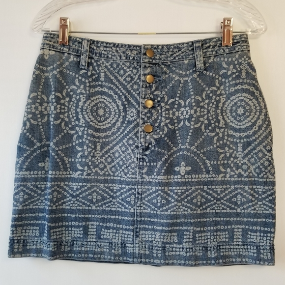 FREE PEOPLE NWT School Daze Tribal Denim Mini Button Fly Skirt. Size 4. Boho - Picture 2 of 7